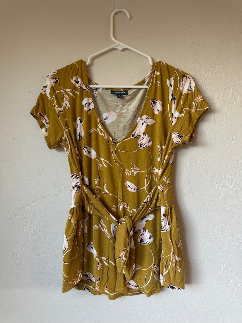 Modcloth Mustard Floral V-Neck Tie-Waist Top